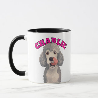 Caneca Ilustração de Cão Poodle Cinza Curly Lambendo o Na