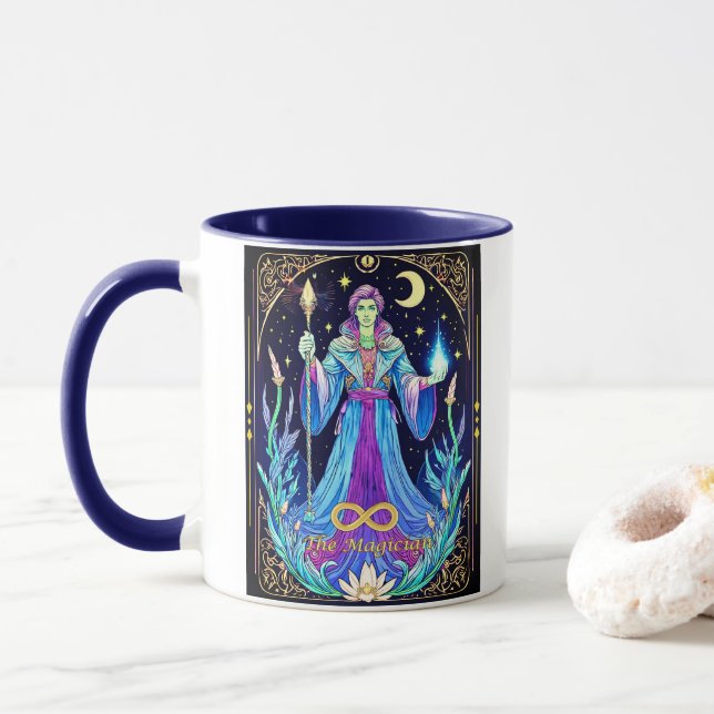 Caneca Ilustração de Carta de Tarot, O Mago (Com Donut)