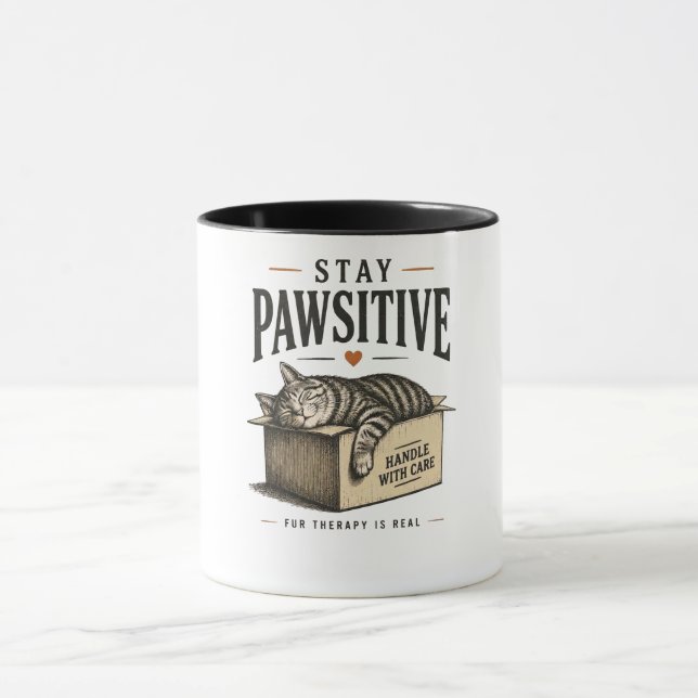 Caneca Ilustração de Gato Fofo Fique Positivo (Centro)