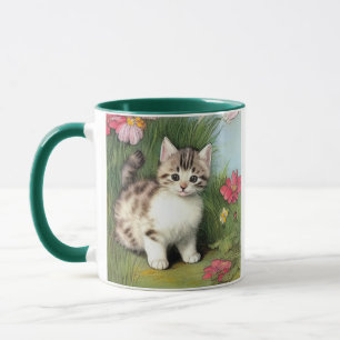 Caneca Ilustração de Gato Vintage com Flores Vermelhas