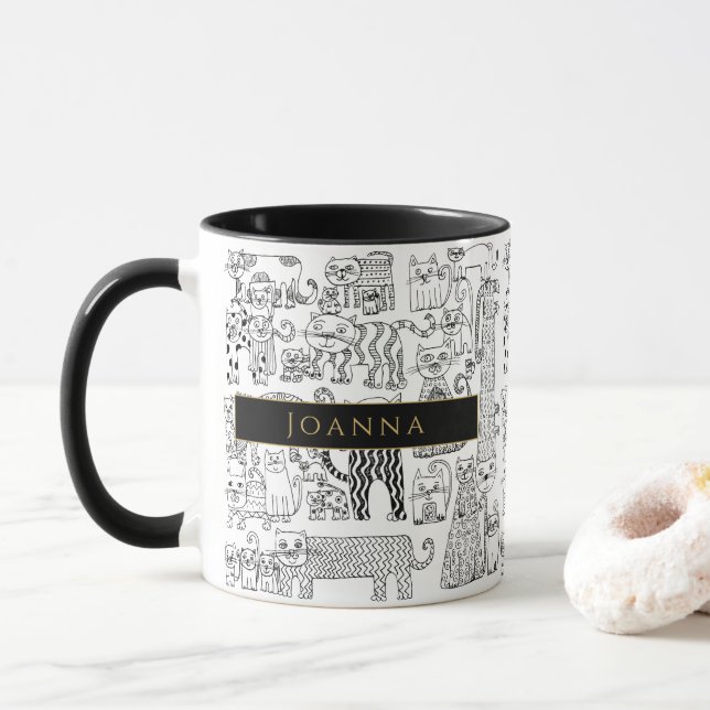 Caneca Ilustração de Gatos Preto e Branco Nome (Com Donut)