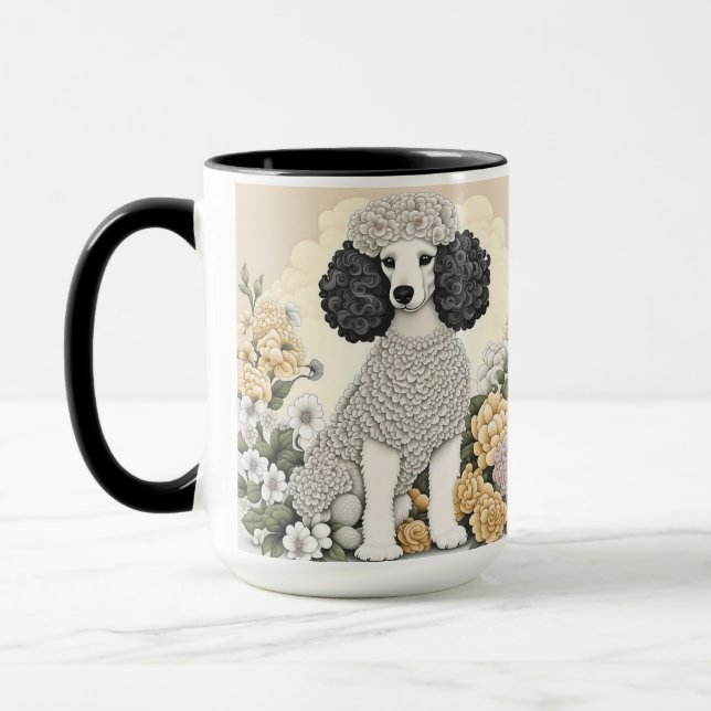 Caneca Ilustração de Poodle em Flores Whimsical (Esquerda)