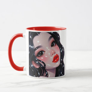 Caneca Ilustração de retrato Garota brilhante Vermelho