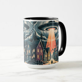 Caneca Ilustração de Rua Noturna de Abdução por OVNI