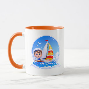 Caneca Ilustração de veleiro Menino Fofo Azul