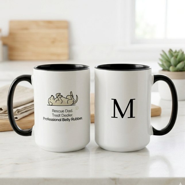 Caneca Ilustração de Vendedor de Petiscos para Pai de Cac (A funny rescue dog dad mug for a proud pet parent to enjoy on Father's Day morning.)