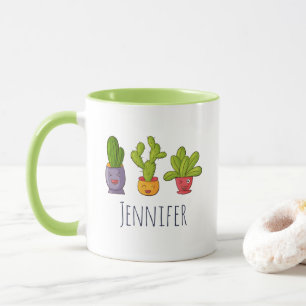 Caneca Ilustração divertida de três cactus em Potes de