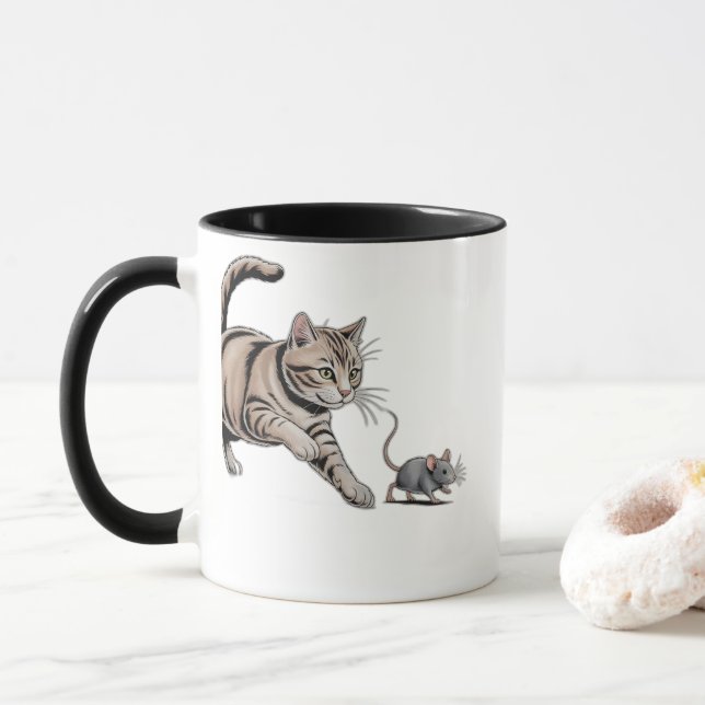 Caneca Ilustração engraçada de caça de animais de gato pe (Com Donut)