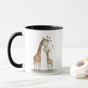 Caneca Ilustração Fofa de Mamãe e Bebê Girafa