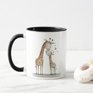 Caneca Ilustração Fofa de Mamãe e Bebê Girafa