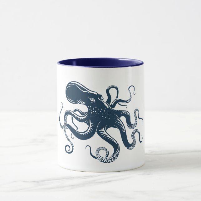 Caneca ilustração náutica do polvo azul marinho (Centro)