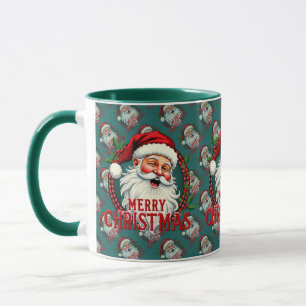 Caneca Ilustração Padrão Natal Feliz Papai Noel Vintage