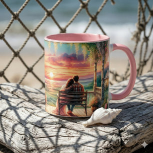 Caneca Ilustração Romântica da Vista do Alpendre ao Pôr d