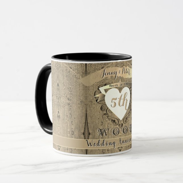 Caneca Imagem de "Madeira" do 5º Aniversário de Casamento (Frente Esquerda)