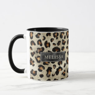 Caneca Impressão de Animal Leopardo Com Folha Falsa Preta