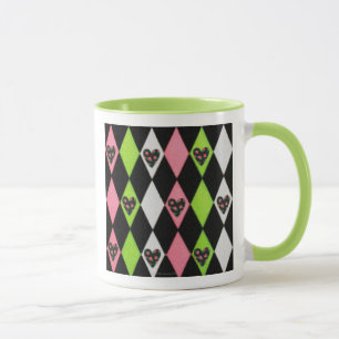 Caneca Impressão de Harlequin Colorido com Rosa de Coraçõ