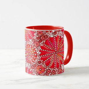 Caneca Impressão de Mandala Tribal, Vermelho Coral e Bran