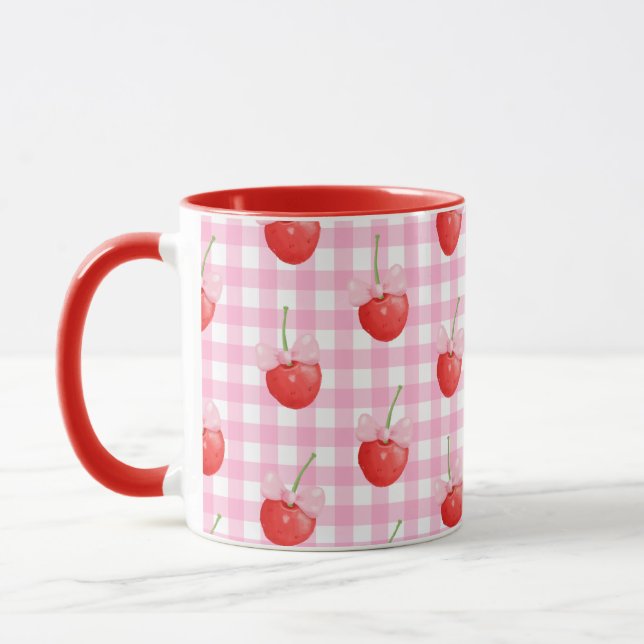 Caneca Impressão de morango branco rosado Gingham Mug Cuj (Esquerda)