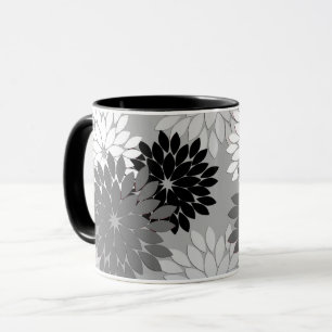 Caneca Impressão de Quimono Floral Moderno, Cinza, Preto