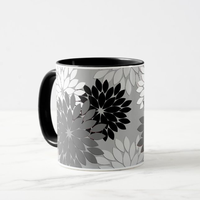 Caneca Impressão de Quimono Floral Moderno, Cinza, Preto  (Frente Esquerda)
