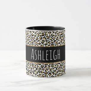 Caneca Impressão Dourada Preta Leopard Personalizada