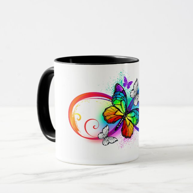 Caneca Infinidade brilhante com borboleta arco-íris (Frente Esquerda)