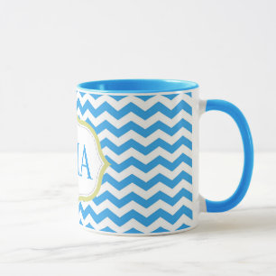 Caneca iniciais monograma listras chevron azul moderno le