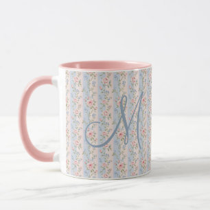 Caneca Iniciais Monogramadas Rosas Florais Listradas Rosa