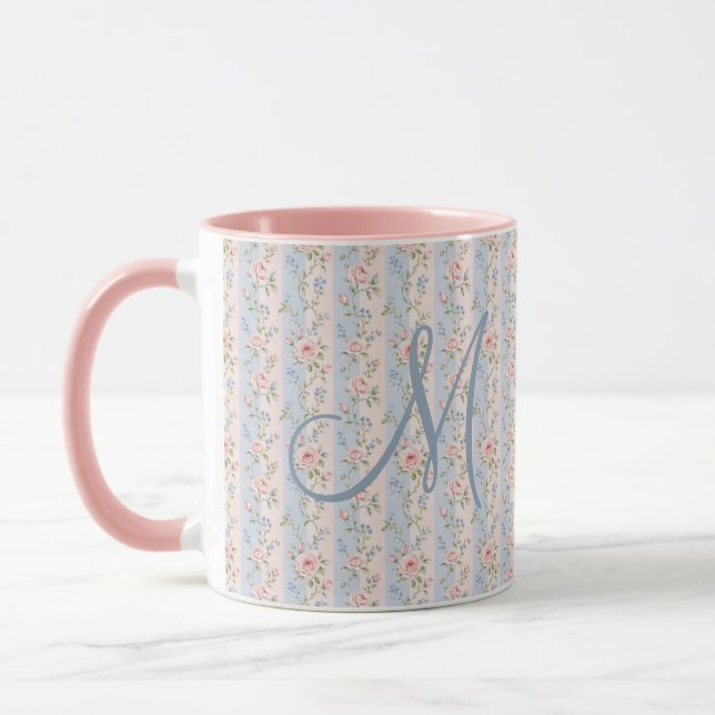 Caneca Iniciais Monogramadas Rosas Florais Listradas Rosa (Esquerda)