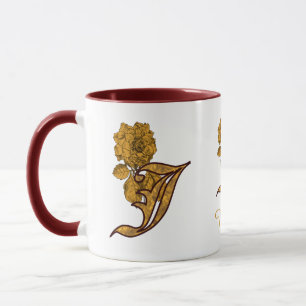 Caneca Inicial de Monograma J Elegante Peônia Dourada Per
