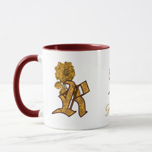Caneca Inicial de Monograma R Elegante Peônia Dourada Per