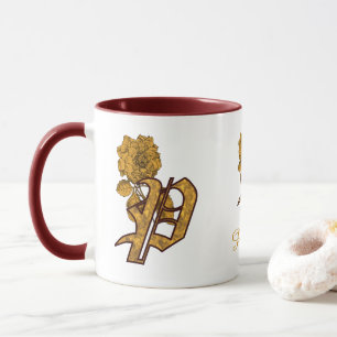 Caneca Inicial do Monograma P Elegante Peônia Dourada Per