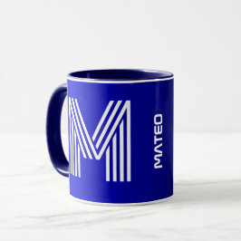 Caneca Inicial Moderna & Nome | Monograma Azul Único Pret