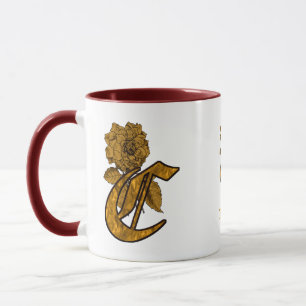 Caneca Inicial Monograma C Elegante Peônia Dourada Person