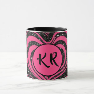 Caneca Inicial Monograma Coração Abstrato Glam Rosa Preto