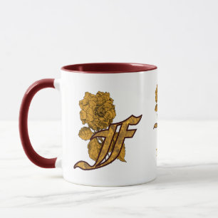 Caneca Inicial Monograma F Elegante Peônia Dourada Person