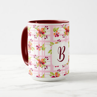 Caneca Inicial Personalizado em Red Berry Blooms Xadrez M