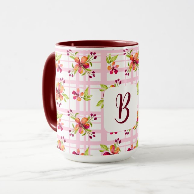 Caneca Inicial Personalizado em Red Berry Blooms Xadrez M (Frente Esquerda)