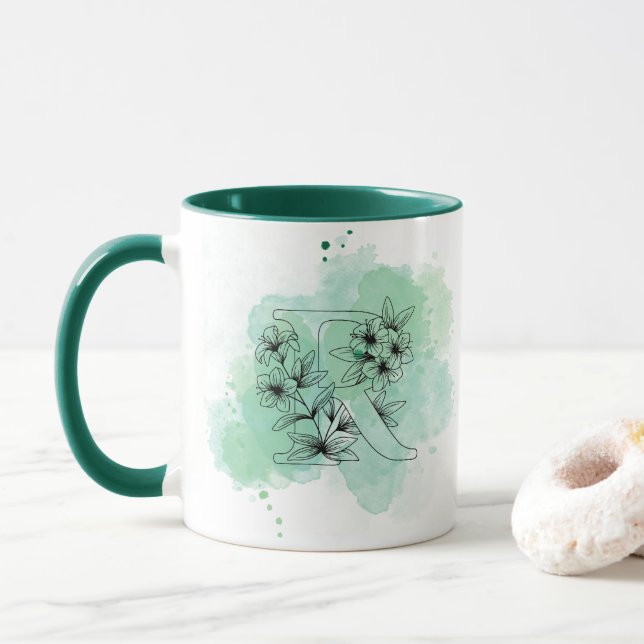 Caneca Inicial R Monograma Cor de Água Botânica Verde (Com Donut)