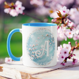 Caneca Inicials Elegantes Turquesa Rosa Flor de Cerejeira