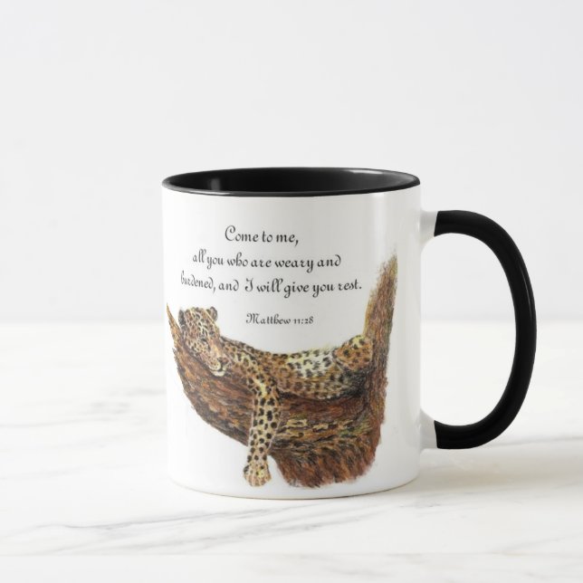Caneca Inspiracional, Escritura, Matthew 11:28, Leopardo (Direita)