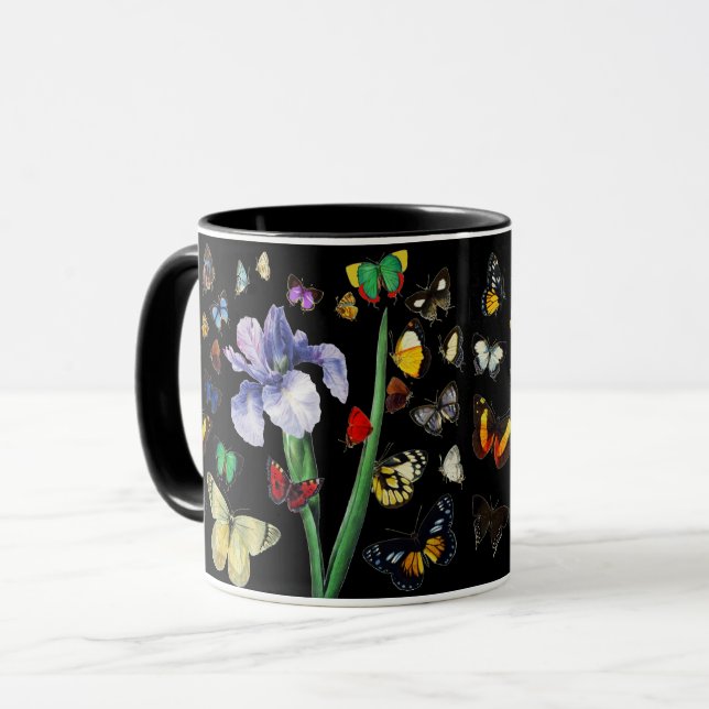 Caneca IRIS ENTRE MANTEIRAS COLORIDAS FLORA Preta (Frente Esquerda)