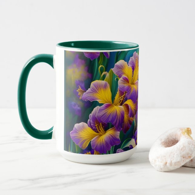 Caneca Iris Folhas plorais roxas e azuis-douradas (Com Donut)