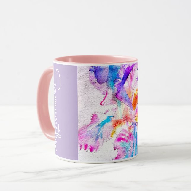Caneca Íris Pintada à Mão Flores Floral Aquarela (Frente Esquerda)
