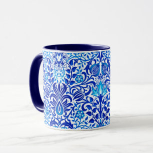Caneca Jacobean Floral Damask, Cobalt Azul e Branco
