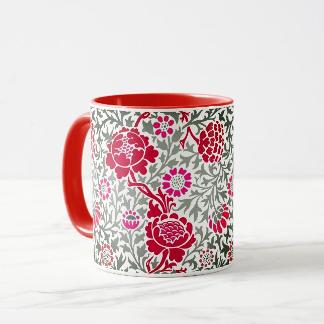 Caneca Jacobean Floral, Vermelho Profundo, Rosa e Cinzas (Frente Esquerda)