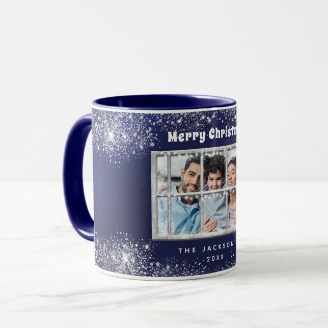 Caneca Janela de inverno da foto da neve azul-prata (Frente Esquerda)
