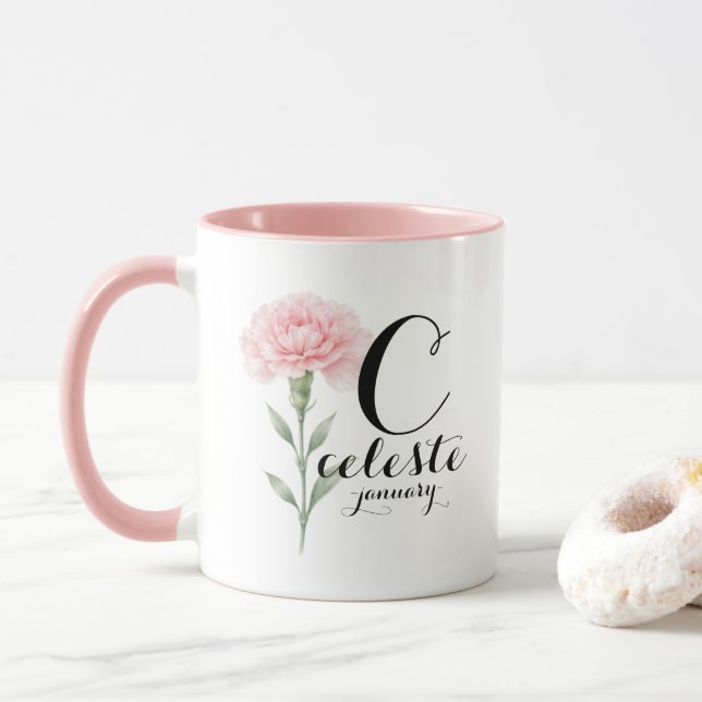 Caneca January Birth Flower Mug – Pink Carnation Gift (Com Donut)