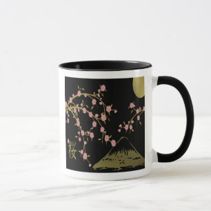 Caneca Japonesa Tela Rosa Sakura Dourado Preto
