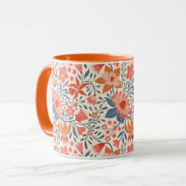 Caneca Jardim Coral e Turquesa Floresce em Bege Suave